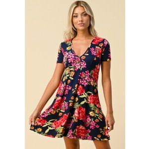 Heart & Hips Empire Line Floral Peach skin Soft Fit and Flare Dress, S,M,L, Navy